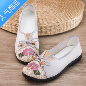 SUNTEK夏季女鞋平底古风网纱凉鞋老北京布鞋透气网面民族风一脚蹬绣花鞋