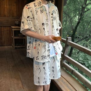 男装新款衬衫套装男休闲运动套装男翻领宽松青少年开衫潮牌两件套