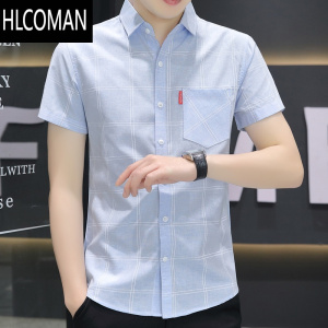 HLCOMAN2025新款冰丝短袖衬衫男夏季薄款有口袋衬衣韩版休闲免烫格衣