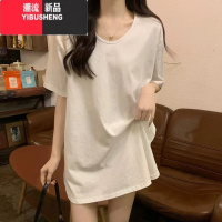 YIBUSHENG白色v领短袖t恤女2024年季新款设计感宽松中长款女衣不破洞