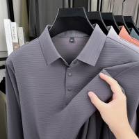 秋季新款男士长袖POLO衫翻领纯色无痕立体提花T恤爸爸男装上衣服