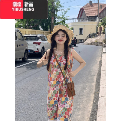 YIBUSHENG多巴胺女孩碎花吊带连衣裙女装季2024新款花边拼接显瘦减龄裙子