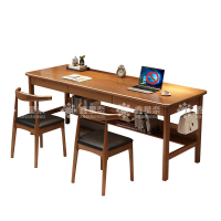鑫星奈 胡桃色实木双人书桌简约电脑桌学习桌1.8米办公桌长条桌含两把牛角椅