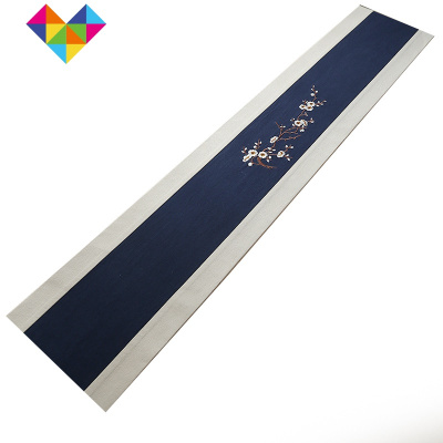 棉麻布刺绣桌旗茶席禅意中式茶旗茶垫布艺定做餐桌茶几桌布双色拼接中间藏青色(刺绣桌旗)30*360御蓝锦