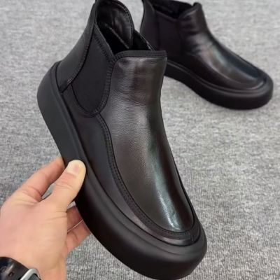 加绒马丁靴男士真皮高帮靴子秋冬保暖切尔西皮靴百搭厚底休闲棉靴_42765