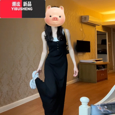 YIBUSHENG黑色气质设计感小众吊带连衣裙子女季2024新款修身显瘦包臀长裙