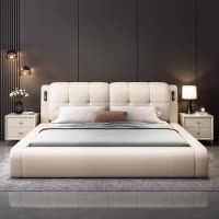 北欧真皮床轻奢现代简约双人床主卧榻榻米实木可储物床家用软包婚床