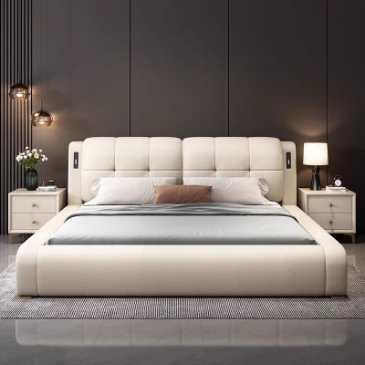 北欧真皮床轻奢现代简约双人床主卧榻榻米实木可储物床家用软包婚床