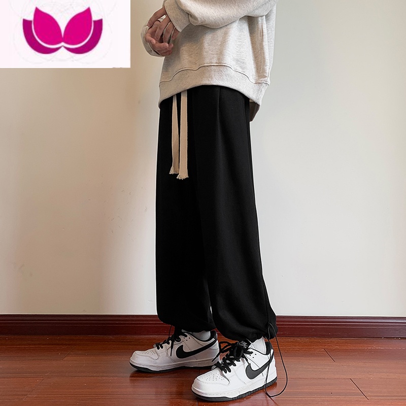 七斓裤子男款宽松抽绳卫裤直筒束脚潮牌纯色青少年男士休闲长裤