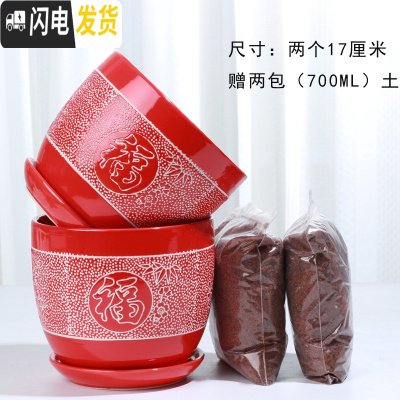 三维工匠花盆陶瓷带托盘一组两个大号盆带土简约家用绿萝多肉花盆 161红两个大+土2包 大花盆容器