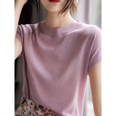 2026夏季纯色短袖圆领冰丝针织衫T恤女亮丝气质甜美小众修身上衣