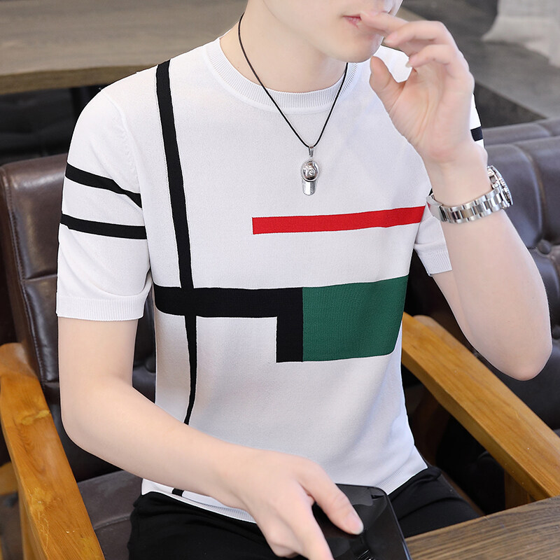 2025夏季新款针织男士T恤拼色短袖T恤男夏季薄款圆领短袖男