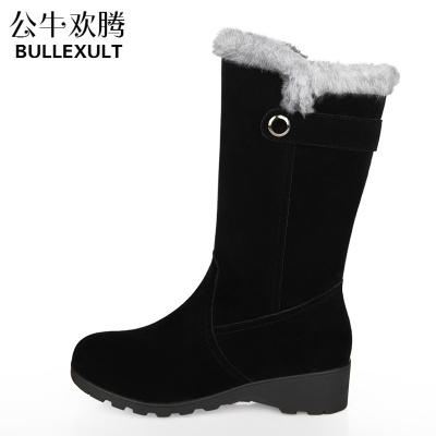 公牛欢腾2019冬季新款女靴子一脚蹬毛毛雪地靴加绒平底厚底棉鞋坡跟中筒靴
