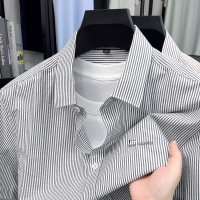 春夏季新款男士条纹短袖衬衫商务休闲免烫翻领通勤百搭新疆棉