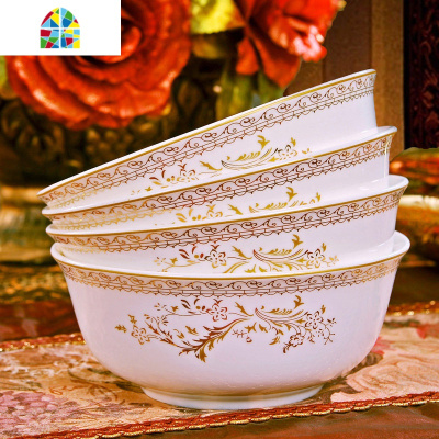 景德镇陶瓷面碗家用吃饭碗中式碗碟套装大汤碗泡面碗蒸菜碗4个装 FENGHOU 蓝铃花面碗4个装