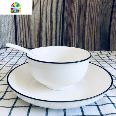 碗碟套装家用陶瓷2人菜盘瓷碗大号汤碗面碗汤勺双人情侣餐具碗盘 FENGHOU 黑线6碗4盘6勺6筷图片色 8件