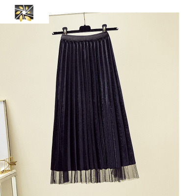 暖青汇大码网纱半身裙胖mm秋冬新款纱裙黑色垂感显瘦中长款金丝绒百褶裙半身裙