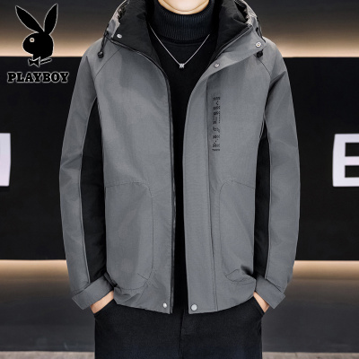 花花公子新款高品质冬季新款户外防寒服三防连帽拼接加厚羽绒棉男装夹克外套