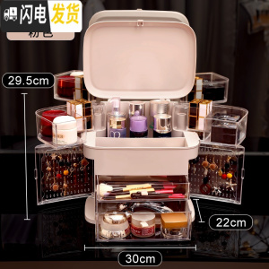 三维工匠网红化妆品收纳盒防尘护肤品梳妆台桌面led带镜子首饰一体置物架