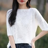 春夏新款精纺羊毛半高领女针织衫短袖蕾丝镂空高级感五分袖打底衫