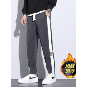 弹力男士加绒裤个性拼接百搭束脚卫裤男款秋冬加绒加厚保暖休闲裤