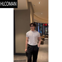 HLCOMAN夏季型男硅油小圆领夏季韩版宽松纯色休闲透气收袖口半袖短袖T恤