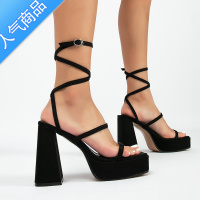 SUNTEK11cm超高跟夏季粗跟凉鞋女 防水台露趾女鞋交叉绑带罗马鞋潮性感