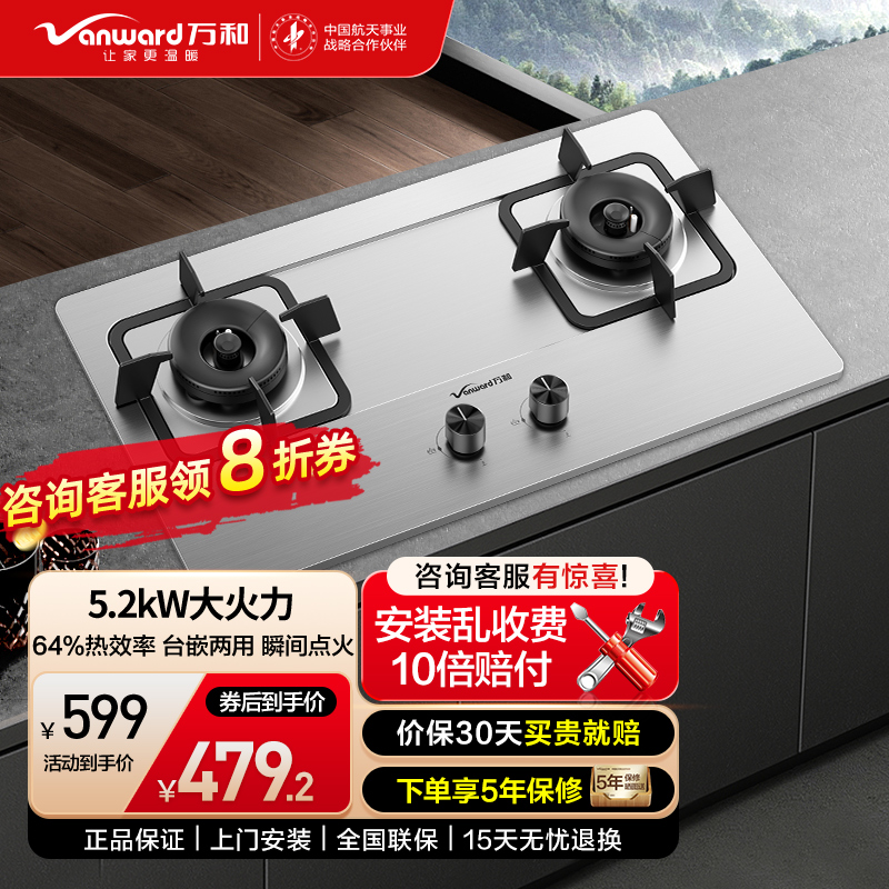 万和 一级能效5.2kW大火力 家用台式嵌入式燃气灶具 双眼灶 不锈钢 JZT-B9B50(天然气)