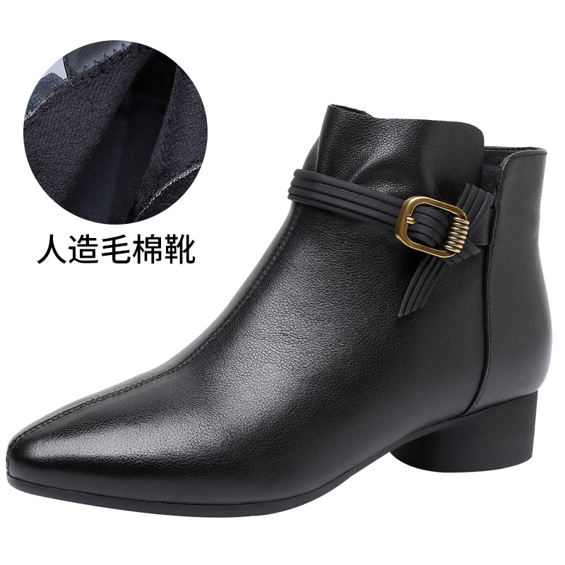 小短靴女新款春秋季单靴中跟尖头及踝靴软底软皮粗跟真皮女靴