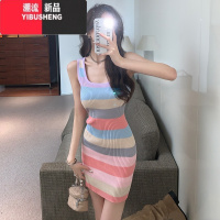 YIBUSHENG彩虹条纹针织包臀连衣裙女季2024新款法式气质修身无袖背心裙子