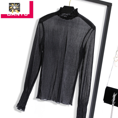 暖青汇2020新款女装欧货灯笼袖雪纺衫女长袖木耳边打底衫内搭小衫上衣蕾丝衫