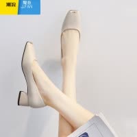 聚范皮尖头单鞋女2024新款夏秋裸色低跟浅口法式小皮鞋一脚蹬女鞋子