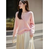 春秋韩版V领羊毛开衫女宽松软糯短款毛衣外套拉毛长袖上衣针织衫