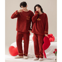 情侣睡衣秋冬季珊瑚绒本命年喜庆结婚大红色一男士一女家居服套装_621