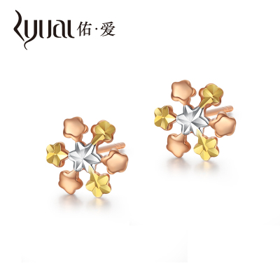 Ryual18K金耳钉彩金女士耳环K金三色混搭雪花耳饰黄金色女款送恋人老婆计价款K金雪花耳钉