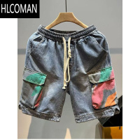 HLCOMAN涂鸦印花口袋牛仔短裤男夏季休闲五分裤潮牌高街痞帅抽绳工装裤子