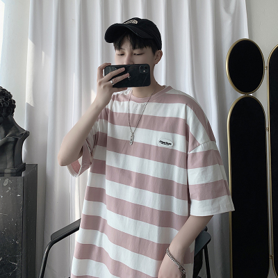 玥鸾(YueLuan)条纹短袖T恤男2021夏季青少年圆领半袖夏装学生体恤潮流男装上衣服