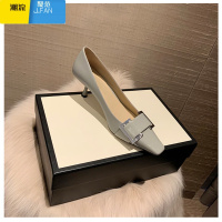 聚范气质漆皮小跟鞋2024新款水钻方扣浅口单鞋女通勤细跟高跟鞋