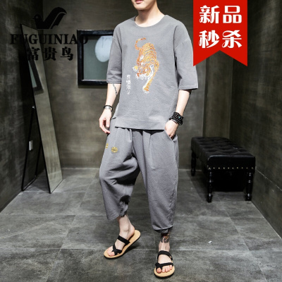 富贵鸟2021年夏季中国风老虎刺绣印花圆领休闲青年复古名族风两件套