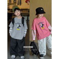 童酷男童秋款湖州织里童装时尚条纹假两件米奇印花儿童T恤潮