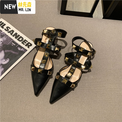 林先森欧美性感高跟凉鞋女2021新款尖头细跟一字带铆钉女鞋包头后空凉拖休闲鞋