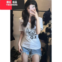 YIBUSHENG纯欲风V领蝴蝶印花短袖T恤女2024新款收腰修身显瘦正肩上衣