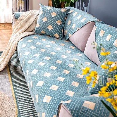 家柏饰(CORATED)北欧四季通用沙发垫防滑简约全包萬能沙发套罩布艺沙发巾沙发盖布 几何蓝 90*90cm