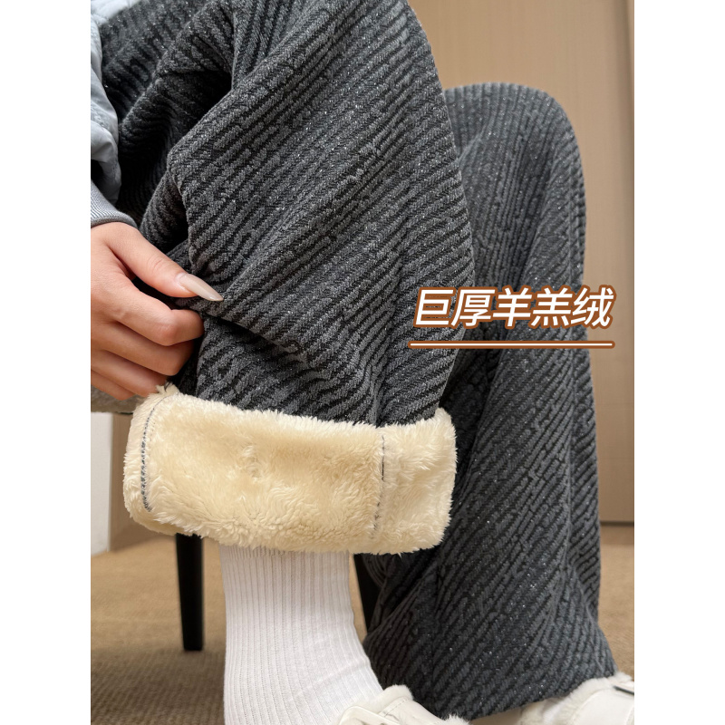 灰色毛呢裤女秋冬季加绒灯芯绒直筒小个子加厚羊羔绒阔腿裤子_116_37