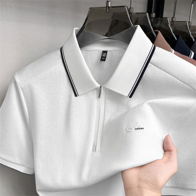 夏季新款男士冰丝短袖T恤商务休闲简约翻领纯色透气舒适青年