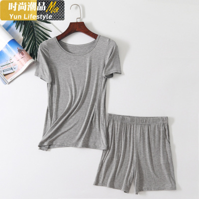 YUNWUXIN莫代尔睡衣女夏季薄款两件套大码圆领短袖t桖短裤春秋套装家居服睡衣