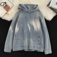 男装港洗复古牛仔卫衣男连帽春秋季新款潮牌日系宽松套头夹克_930