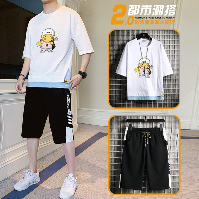 狮臣SHICHEN宽松帅气五分袖套装男2020年夏季新款休闲运动套装男T袖五分裤两件套潮流百搭T恤套装男装TZ2587白色M