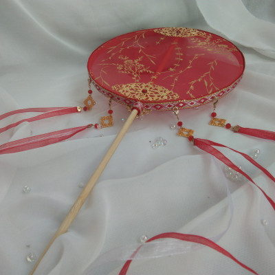 原创古风团扇长柄流苏汉服配饰女成品手工烫金新娘复古舞蹈演出三维工匠浅蓝色长相思升级款扇子