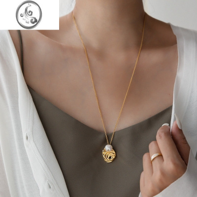 JiMi2022年新款轻奢小众珍珠圆牌长款项链女毛衣链女吊坠设计高级七夕